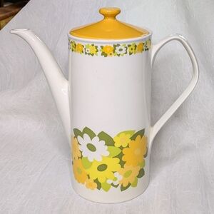 Johnson Brothers MCM Ceramic Coffee Pot with Yellow Lid And Floral Details
